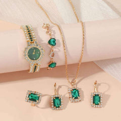 Aceneta Jewelry Set - Watch, Bracelet, Necklace, Rings and Earrings with Zircons and Royal Green