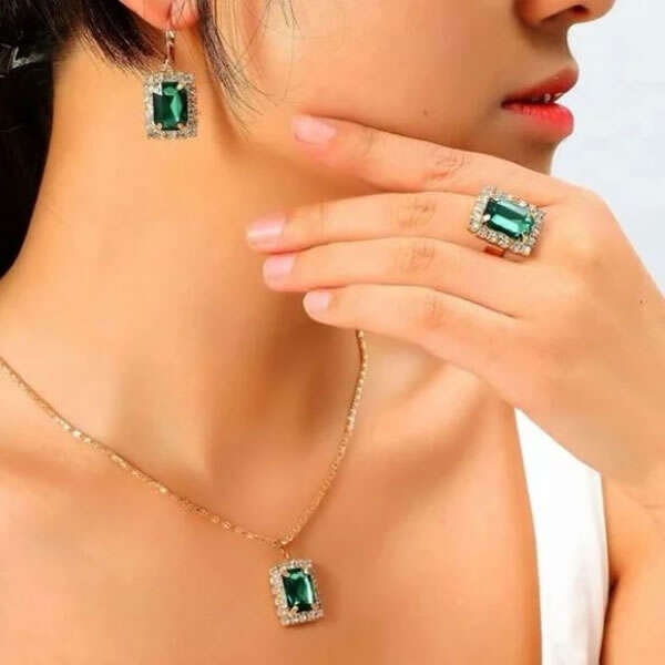 Aceneta Jewelry Set - Watch, Bracelet, Necklace, Rings and Earrings with Zircons and Royal Green