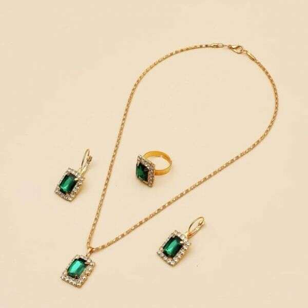 Aceneta Jewelry Set - Watch, Bracelet, Necklace, Rings and Earrings with Zircons and Royal Green