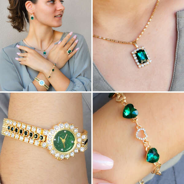 Aceneta Jewelry Set - Watch, Bracelet, Necklace, Rings and Earrings with Zircons and Royal Green