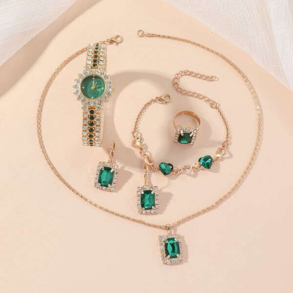 Aceneta Jewelry Set - Watch, Bracelet, Necklace, Rings and Earrings with Zircons and Royal Green